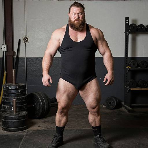 Muscular Bearded Man in Workshop