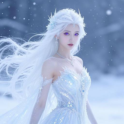 Digital fantasy artwork of a fair-skinned, ethereal woman with long, flowing white hair, purple eyes, and a snowflake crown, wearing a