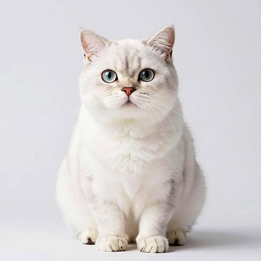 Photograph of a white, fluffy kitten with large blue eyes and a pink nose, sitting against a plain white background.