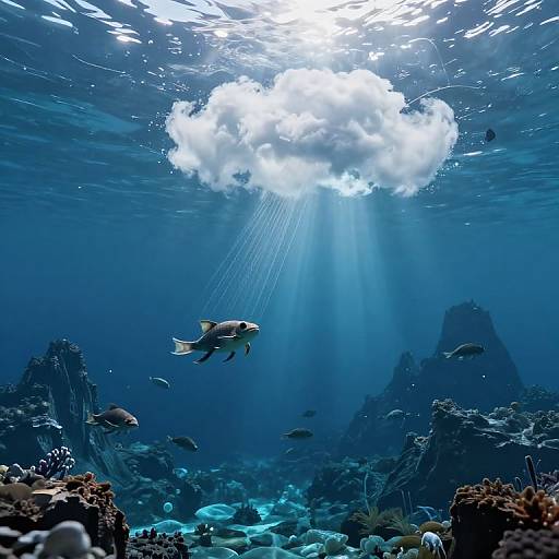 Underwater photograph of a blue ocean scene with sunlight streaming through a cloud, illuminating fish swimming near colorful coral reefs.