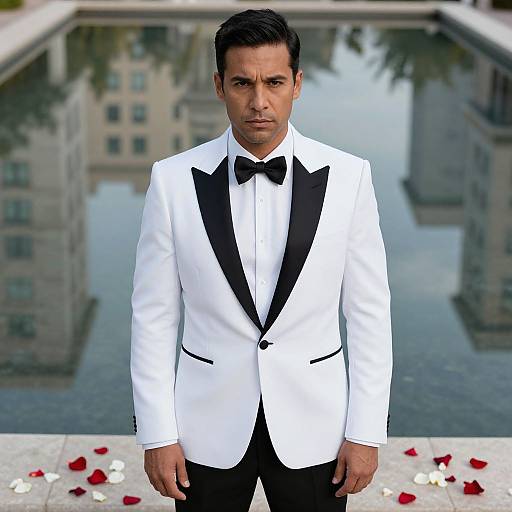 Photograph of a serious, dark-haired man in a white tuxedo with black lapels and bow tie, standing on a balcony with cityscape