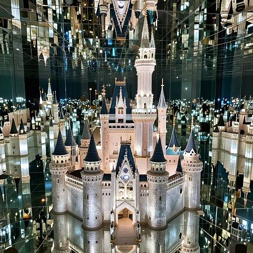 Photograph of a brightly lit, white, castle model with blue-topped towers, reflected in a highly reflective, grid-like surface.