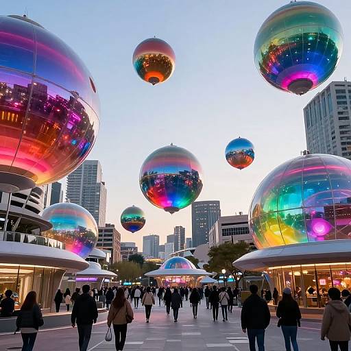 Photograph of a bustling city plaza at dusk, featuring colorful, reflective, spherical art installations hanging above a crowd of pedestrians. Modern buildings in the background