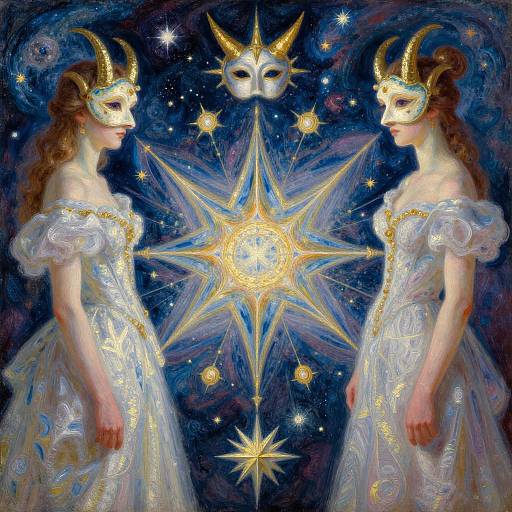 Digital painting of two fair-skinned women with golden horns, white masks, and flowing white dresses, facing each other against a starry night sky,
