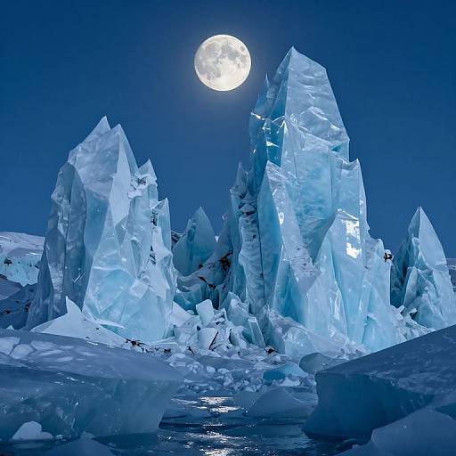 Photograph of glowing blue icebergs under a full moon in a dark, icy night sky, with reflections of ice on the water below.