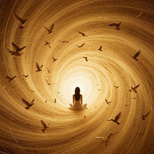 Silhouette of a woman sitting cross-legged at the center of a swirling golden vortex, surrounded by flying birds, in a surreal, digital artwork.