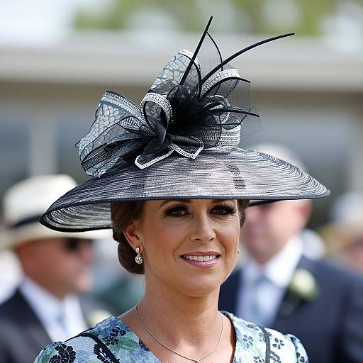 Photograph of a smiling woman in an elegant black and white patterned hat with black feather accents, wearing a patterned dress, standing outdoors with blurred