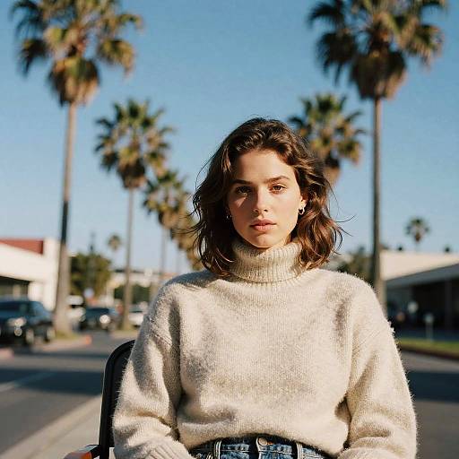 Photograph of a young woman with wavy brown hair, wearing a white, textured sweater, standing on a sunny street with palm trees. Blue sky