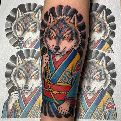 Vibrant Japanese Wolf Tattoo Design