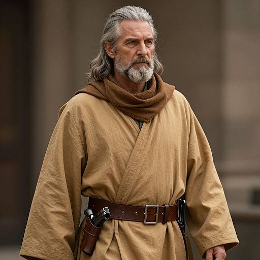 Man in Tan Robe with Gun and Brown Scarf