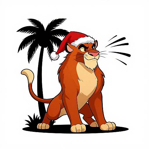 Cartoon-style, anthropomorphic orange tiger with Santa hat, standing confidently, smiling, with black palm tree in background, white and red colors.