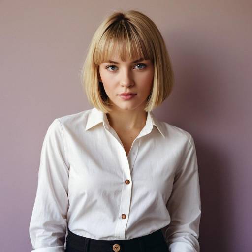 Young Woman with Blonde Bob Cut in White Shirt