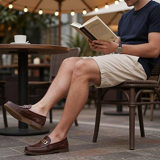 Photograph of a man in a navy shirt and beige shorts, reading a book while seated at an outdoor café, wearing brown slip-on shoes, with
