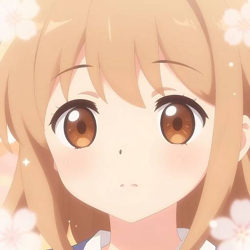 Close-up anime-style digital illustration of a young girl with large, brown, sparkling eyes and light brown, slightly wavy hair.