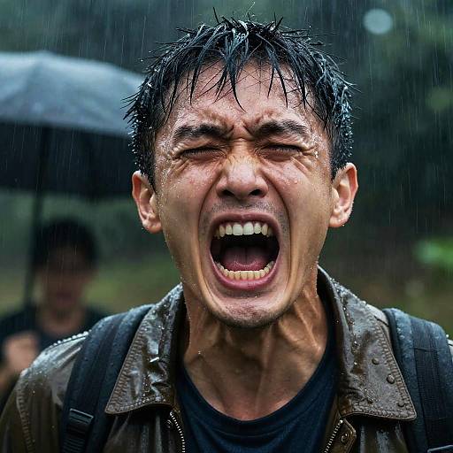 Photograph of an angry Asian man with wet, messy black hair, screaming in the rain. He wears a soaked, dark jacket with a black shirt