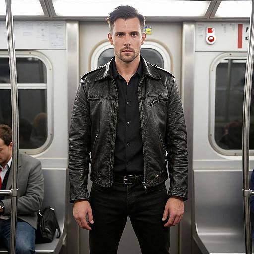 Photograph of a serious, handsome man with short dark hair, wearing a black leather jacket over a black shirt, standing in a subway car. Silver