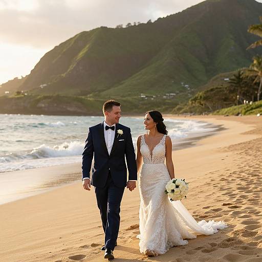 Photograph of a bride in a white lace gown and groom in a black tuxedo walking hand-in-hand on a sunlit, mountainous beach