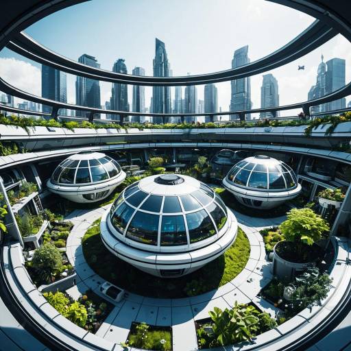 Futuristic Rooftop Garden with Hover Pods