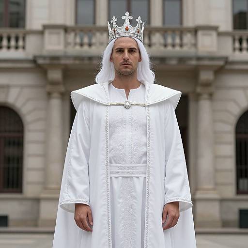 Photograph of a solemn, long-haired man with pale skin wearing a silver crown, white ornate robe, and white veil, standing in front of