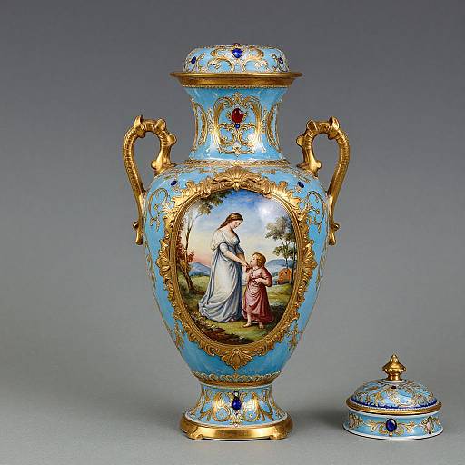 Ornate blue porcelain vase with gold accents, featuring a painted scene of a woman and child, accompanied by a matching lid.