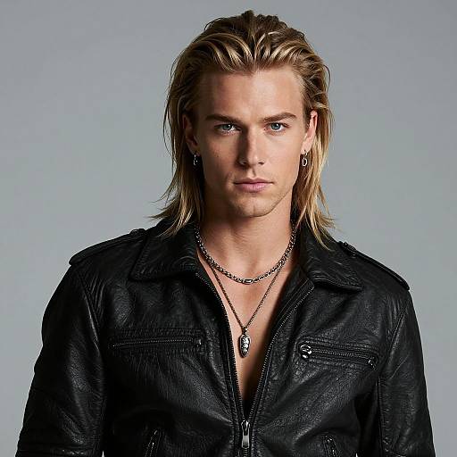 Photograph of a serious-looking blonde man with blue eyes, wearing a black leather jacket, silver chain necklace, and earrings, against a plain gray background
