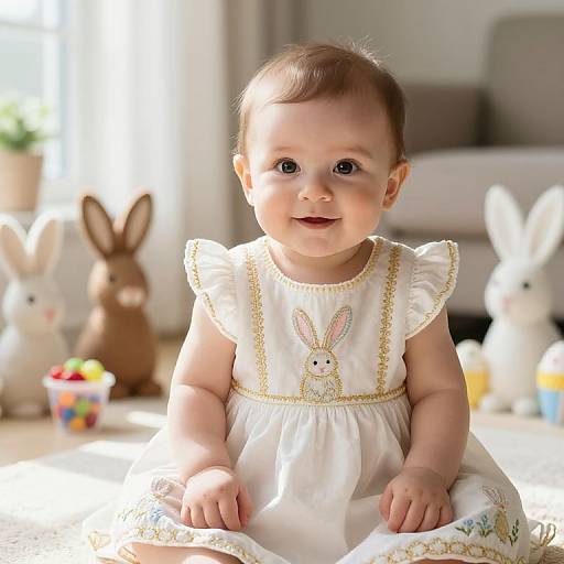 Photograph of a smiling baby with brown hair wearing a white dress with embroidered bunny, surrounded by bunny plush toys in a sunlit room.
