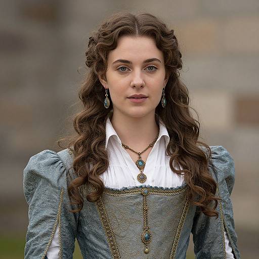 Photograph of a young woman with long, wavy brown hair, wearing a blue, puffed-sleeve, Renaissance-style dress with white blouse
