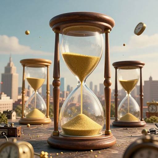 Photograph-like CGI of three wooden hourglasses with golden sand, set on a rooftop cityscape, sunlight, clock parts, and scattered sand.