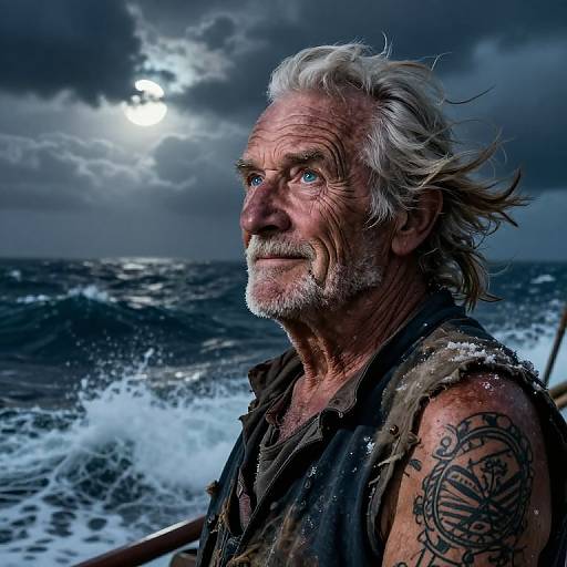 Photograph of an elderly, weathered man with white hair and beard, blue eyes, and a tribal tattoo, standing on a turbulent ocean at night