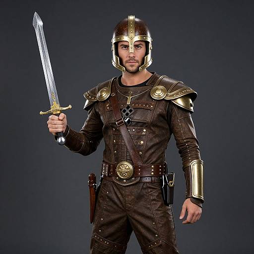 Photograph of a muscular man in Roman gladiator armor, holding a sword in his right hand, dark background, serious expression.