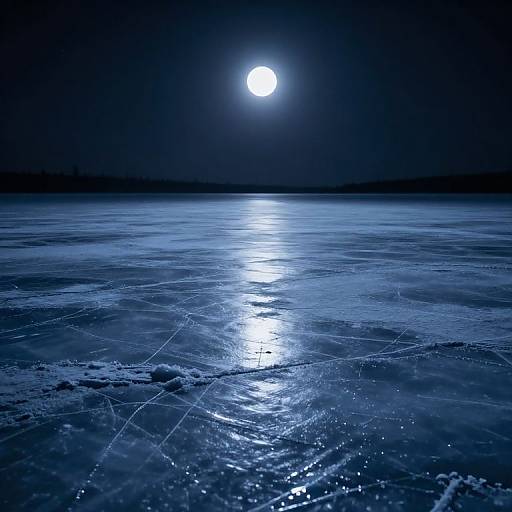Photograph of a frozen lake under a bright full moon, with reflections of the moonlight on the icy surface. Dark, serene night sky.