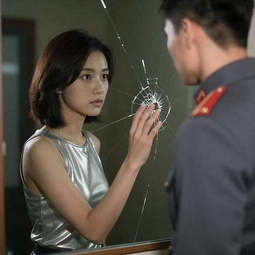 Woman Touching Cracked Mirror with Man in Military Uniform