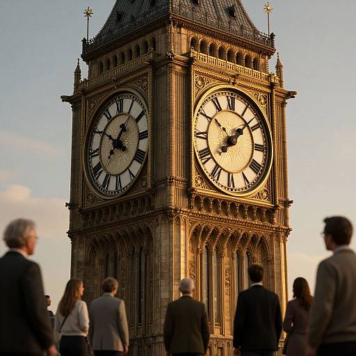 Photograph of Big Ben clock tower, illuminated at sunset, with blurred pedestrians in business attire in the foreground.