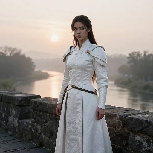 Photograph of a serious, fair-skinned woman with long brown hair in a white, embroidered medieval-style dress, standing by a misty river at