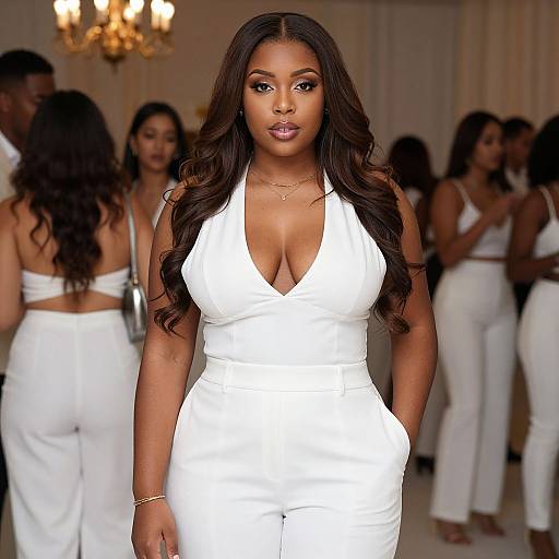 Photograph of a beautiful Black woman with long, wavy hair in a white, deep V-neck, form-fitting suit, standing confidently in a