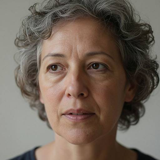 Photograph of an older woman with short, curly gray hair, fair skin, and brown eyes, looking slightly to the side with a neutral expression,