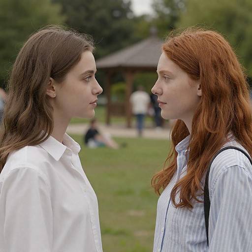 Two Women Facing Each Other Outdoors