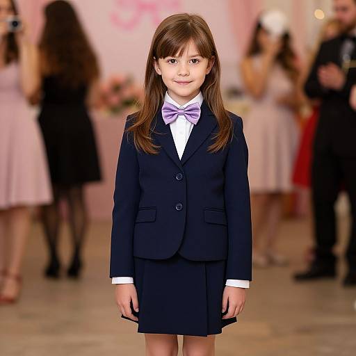 Photograph of a young girl with straight brown hair, wearing a navy blue blazer, white shirt, purple bowtie, and matching skirt, standing