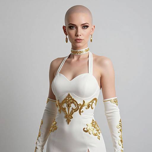 CGI image of a bald, fair-skinned woman in an elegant, white, strapless gown with gold embroidery and matching gloves and choker.