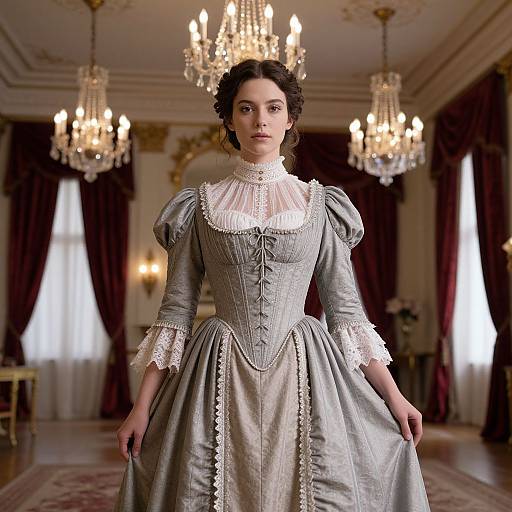 Photograph of a Victorian woman in a silver-gray, lace-trimmed, puffed-sleeve dress, standing in an opulent room with