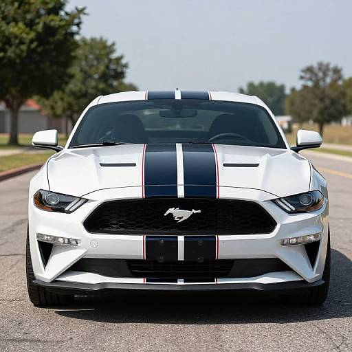 Photograph of a white Ford Mustang with black racing stripes, front view, on a suburban street with trees and clear sky.