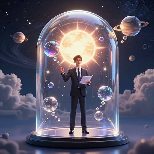 Photograph-like CGI: Suited businessman with dark hair, holding papers, standing under a glowing sun inside a transparent dome, surrounded by floating planets and