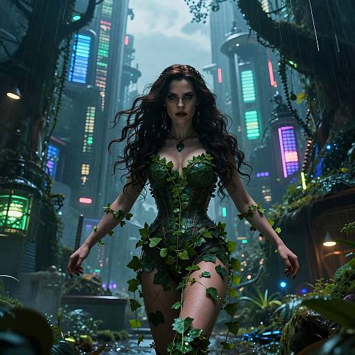 Digital CGI of a fierce, dark-haired woman with long curls, wearing a leafy, revealing outfit, standing in a neon-lit, futuristic,