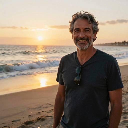 Middle-aged Man Smiling on Beach Sunset