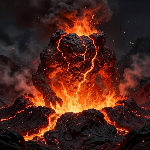 Photorealistic digital artwork of a towering volcanic eruption with bright orange flames, glowing red lava, and dark, smoky clouds.