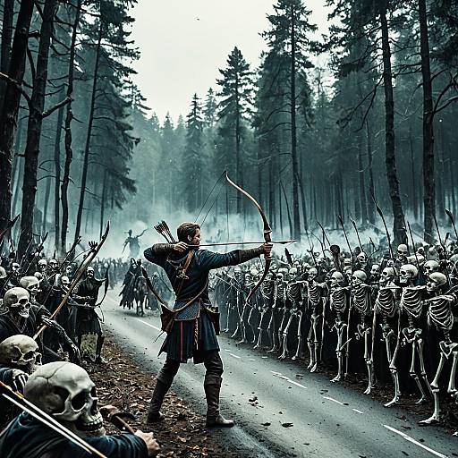 Archer Facing Horde of Skeletons in Ancient Forest