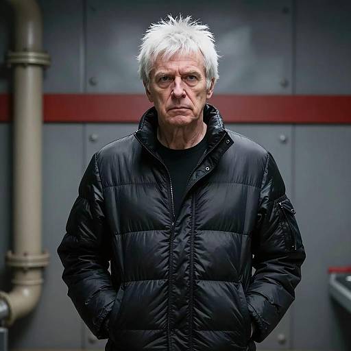 Middle-aged Man in Black Puffy Jacket in Industrial Setting