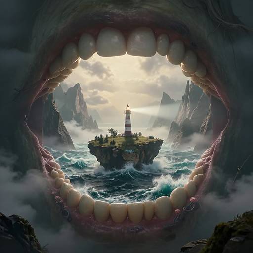 Digital artwork of a lighthouse on a rocky island surrounded by turbulent waves, seen through the gaping mouth of a monstrous creature.
