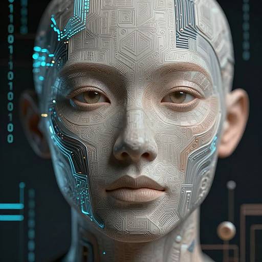 CGI close-up of a bald, androgynous face with intricate, glowing circuit patterns on a cybernetic, metallic skin. Neutral expression