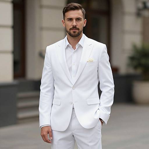 Photograph of a handsome bearded man with short brown hair, wearing a sharp white suit, standing confidently outdoors in front of a blurred urban background.